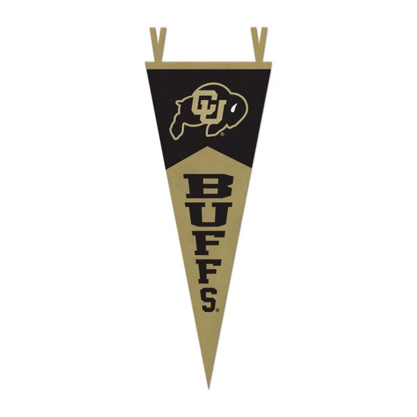 Vertical vegas gold pennant with "Buffs" written in black. Black cutout at top with gold CU Buffalo logo. Gold ties at top.